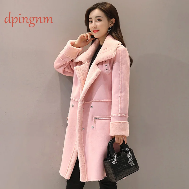 pink Хлопковое женское длинное пальто в Корейском стиле, новое зимнее пальто в стиле Харадзюку С оленем, бархатный мех ягненка, толстая хлопковая куртка, хлопковая одежда - Цвет: pink