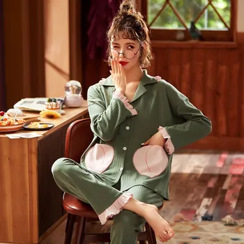 

Autumn Winter Pinted Women's Pajama Sets Doll Collar Long Sleeved Tops And Pants Female Homewear Korean Sweet Lady Pajamas Suit