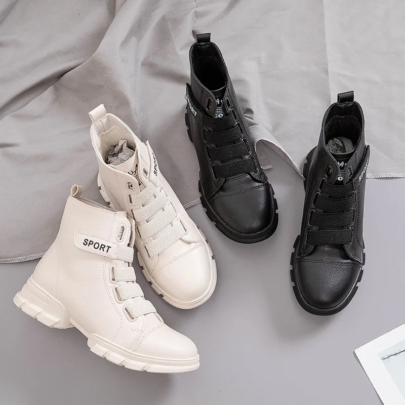 

2019 Autumn Hight-top Leather Boot Women's Casual Versatile Thick Bottomed Martin Boots Short Plush Warm Korean-style Students B