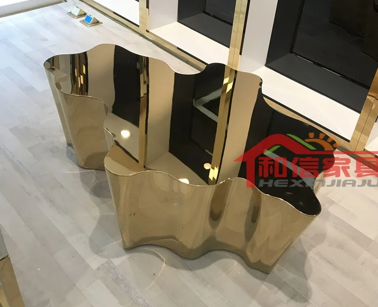

Natural Stone Stump Inspired Mirro Effect Gilding Steel Coffee Table / 40cm High, 130cm Length, 80cm Width