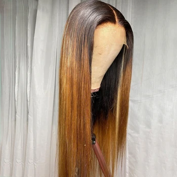 

Ombre Colored Straight Brazilian Remy 13x4 T-part Lace Wig Human Hair Wig With Baby Hair 150 Density For Women Middle Part