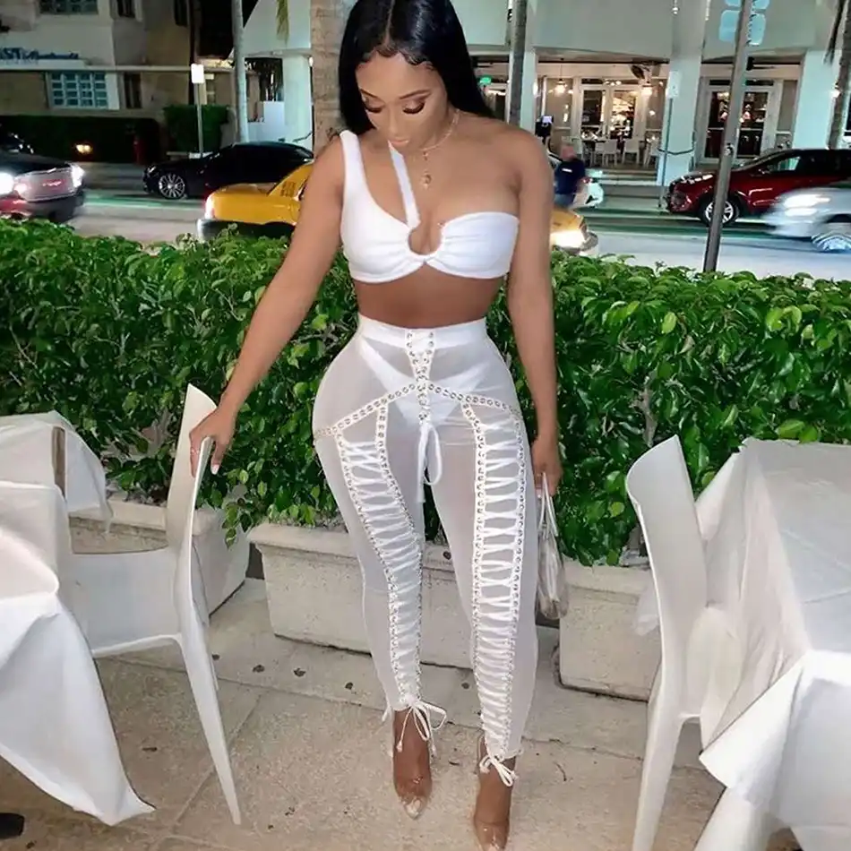 White mesh lace up pants Clearance