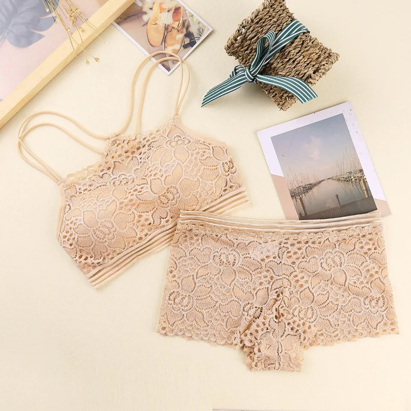 

Sexy Summer Anti-light Bra Set Cross Back Floral Side Solid Color Bra Push Up Bralette And Panty Bra Set Female