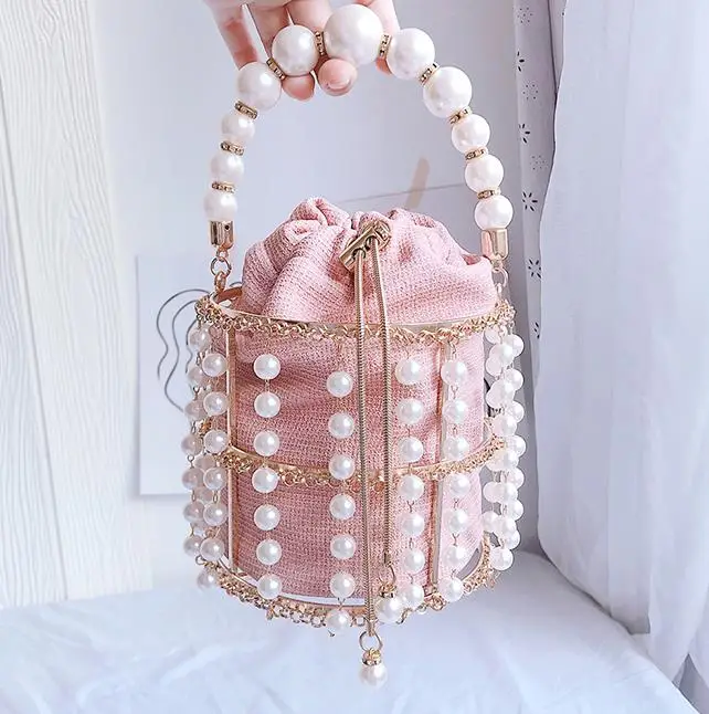 New Pearl pink Роскошные женские вечерние сумочки на цепочке с металлическим ковшом, бриллиантами и жемчужной ручкой, женская сумка через плечо, сумка через плечо - Цвет: New Pearl pink