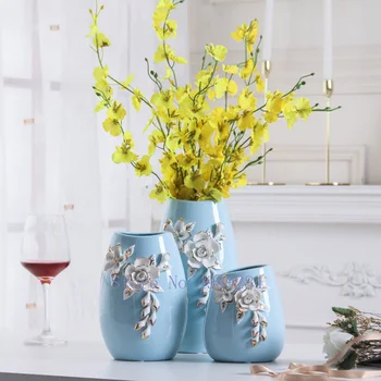 

CREATIVE CERAMICS VASE BLUE EMBOSSED FLOWER MODERN HOME FLOWER ARRANGEMENT ACCESSORIES HYDROPONICS VASES WEDDING VASES