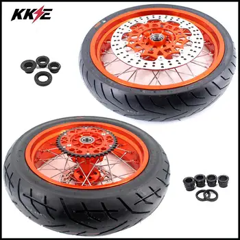 

KKE 3.5 & 4.25 Cush Drive Supermoto Wheels with CST Tires Set for KTM 690 SMC 2007-2011 Orange Rims Silver Spoke