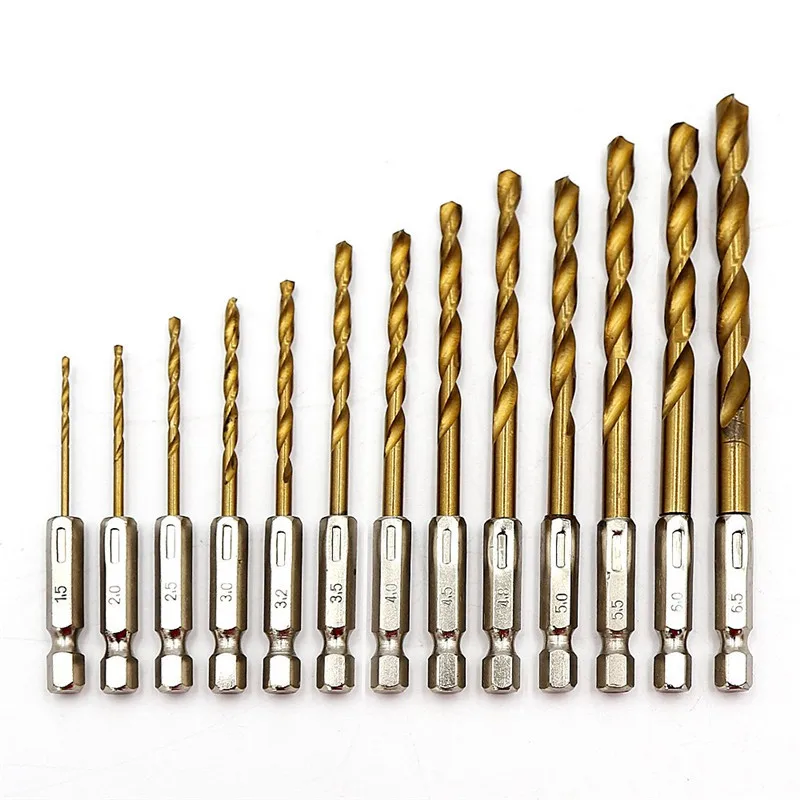 

1/4 Hex Shank 1.5-6.5mm Screwdriver Twist Drill Bit 13pcs/set HSS High Speed Steel Titanium Coated Drill Bit Set