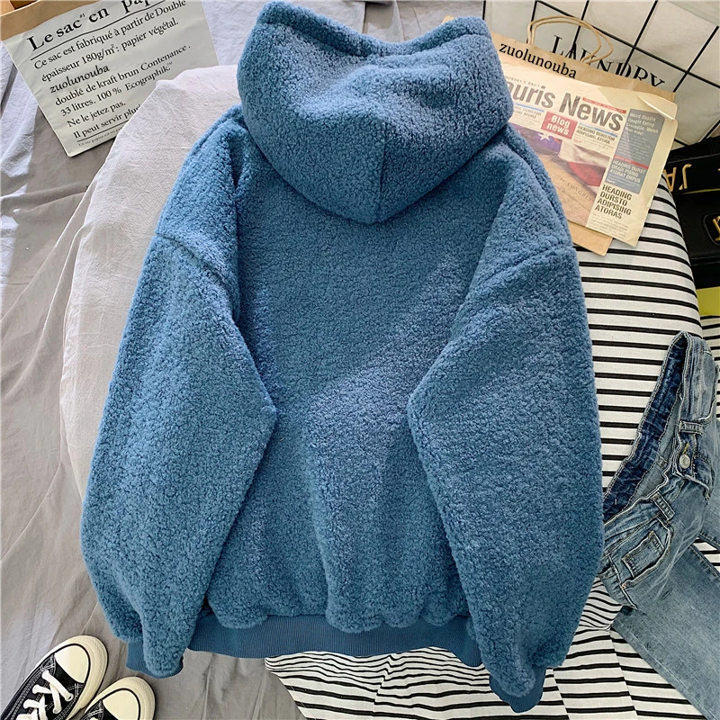 New Autumn Winter Thick Warm Coat Velvet Cashmere Women Hoody Sweatshirt Solid Blue Pullover Casual Tops Lady Loose Long Sleeve 3
