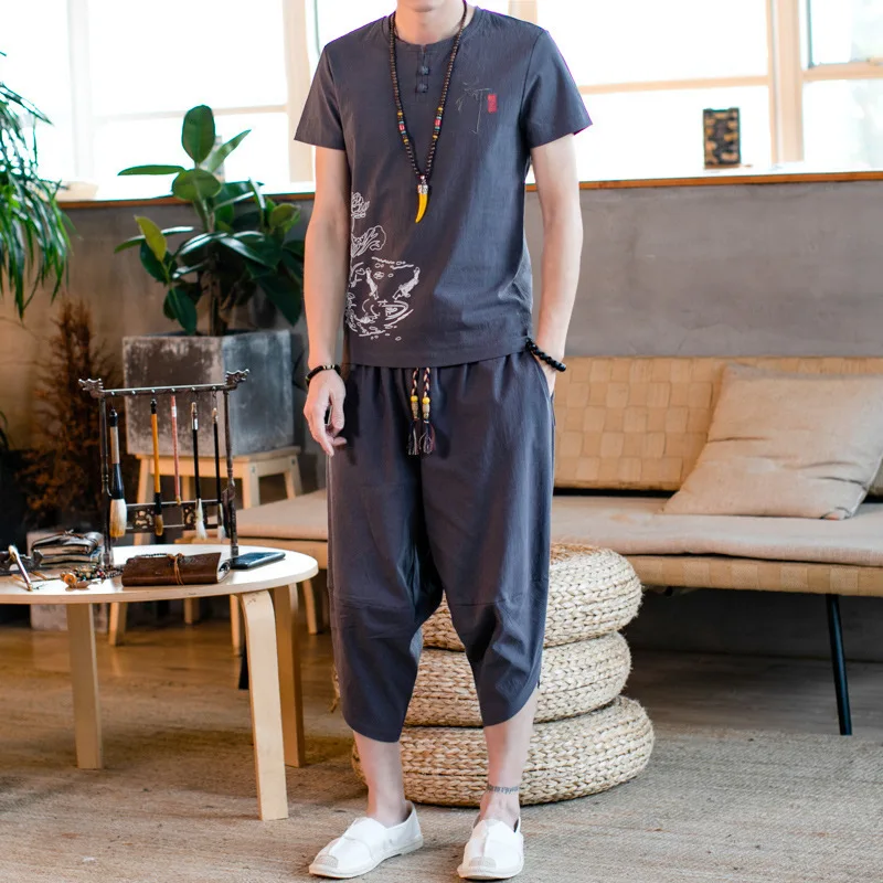 

2019 Summer Chinese-style Printed Set Cotton Linen Short Sleeve T-shirt Large Size Loose And Plus-sized Capri Pants Leisure Suit