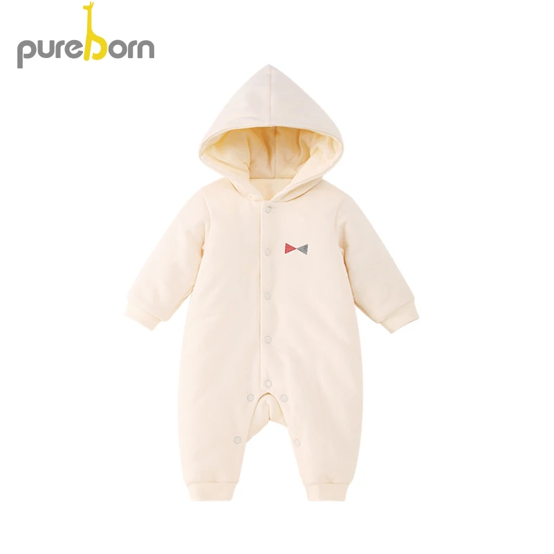 Pureborn/зимняя одежда для новорожденных; Детский комбинезон с капюшоном и рисунком медведя из мультфильма; Стеганый Комбинезон с хлопковой подкладкой для маленьких мальчиков и девочек - Цвет: beige