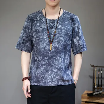 

#0303 Tie Dye Printed T Shirt Men Short Sleeve Round Neck Streetwear Hip Hop T Shirt Vintage Cotton Linen T-shirt Male Plus Size