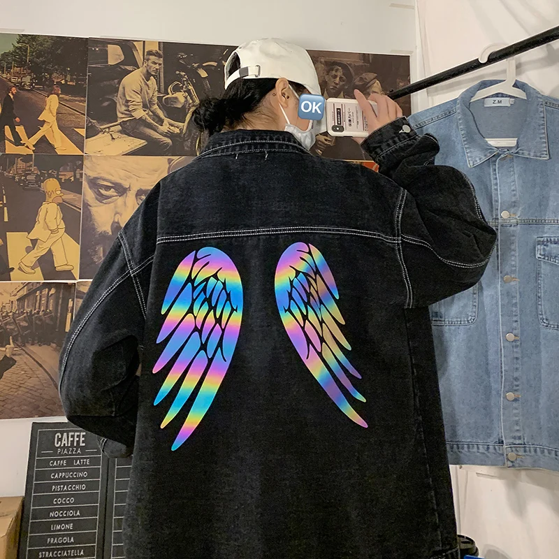 

Designer Reflective Wings Jean Jacket for Autumn Clothing Plus Size Ladies Button Denim Jackets Women Korean Fashion Streetwear