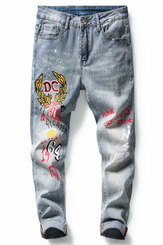 

Hot Colourful Printed Cropped Ankle-Length Jeans Sky Blue Hot Fashion Summer Men's High Quality Pants A1811