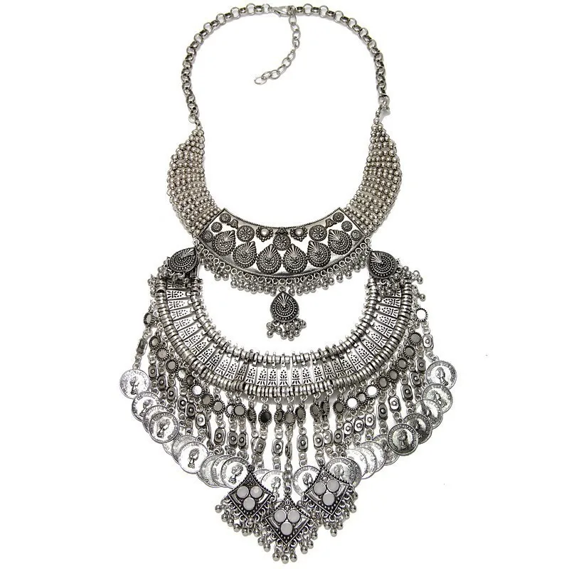 Богемное этническое крупное ожерелье-чокер, женское винтажное серебряное Макси-ожерелье с подвеской, женское большое колье, ожерелье-воротник с монеткой - Окраска металла: 14