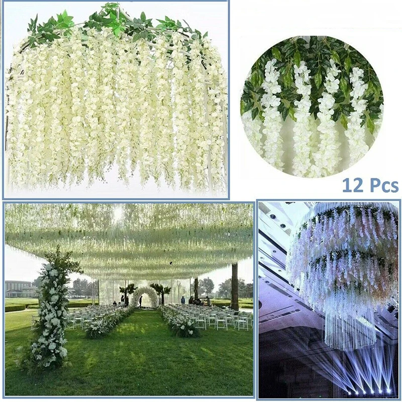 

12pcs Wisteria Flower Artificial Rattan String Wedding Party Decoration Fake Vines Garland Arch Ceiling Garden Hanging Flowers