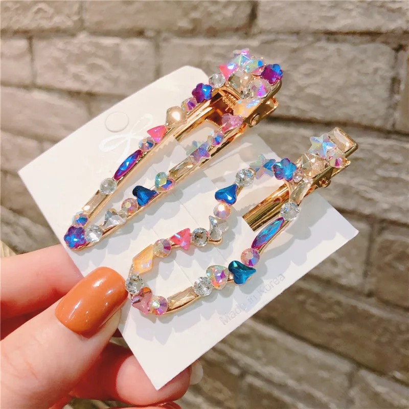 

Korean-style Star Hair Accessories Side Clip Colorful Crystals Water Droplet Flower Hollow out Side Clip Long Clip ya jia Studen