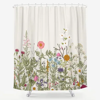 

Flower Shower Curtain Vintage Floral Green Herbs Leaf Nature Grass Rustic Botanical Plants Fabric Waterproof Bathroom Home Decor