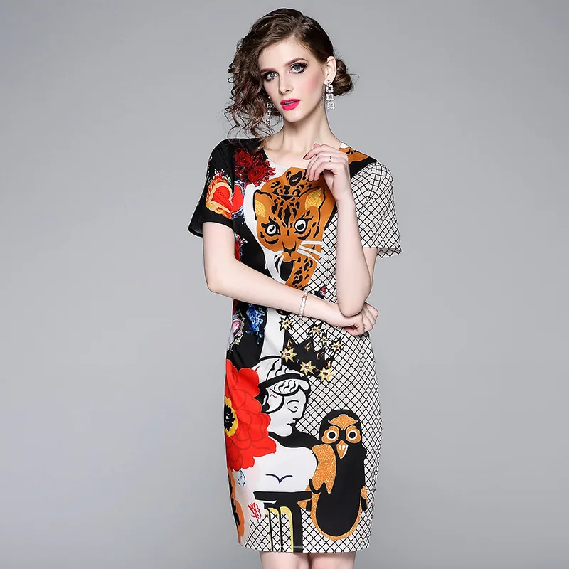 

Ozhouzhan New Style Modern And Trendy/women Crew Neck Slim Fit Short Sleeve Cartoon Floral Printed Dress