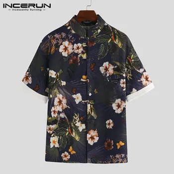 

INCERUN Vintage Men Shirt Floral Print Cotton Linen Casual Tops Short Sleeve Stand Collar Camisa Brand Shirt Men Streetwear 2020