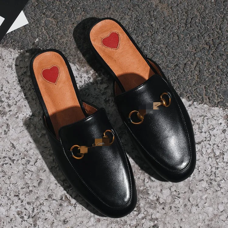 

Spring And Summer Metal Buckle Cowhide Flat WOMEN'S Slippers No Heel Loafer Slip-on Peach Heart Mules Shoes Large Size 43