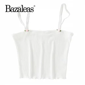 B62 white 683 Bazaleas уличная тонкий кроп топ в стиле панк Прямая с аппликацией цветочный женский короткий топ белый вязаный женский топ на бретелях - Цвет: B62 white 683