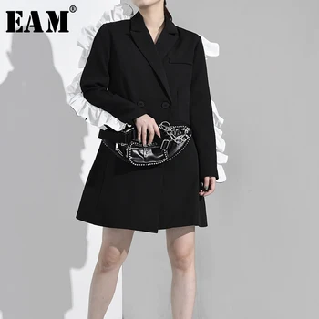 

[EAM] 2020 New Spring Autumn Lapel Long Sleeve Black Loose Hit Color Ruffles Stitch Personality Jacket Women Coat Fashion RA1500