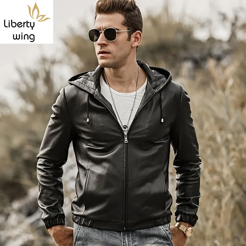 

Plus Size 5XL Genuine Leather Men Hooded Casual Sheepskin Short Coat High Quality Slim Zipper Motorcycle Jacket Black