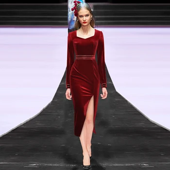 

Gedivoen Autumn Fashion Runway Midi Dress Women Long Sleeve Diamonds Asymmetrical Dress Elegant Velvet Party Dresses Vestidos