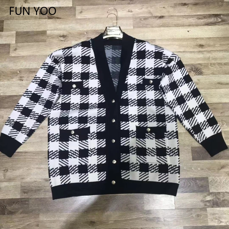 

2019 Woman Cardigans Sweater Coat Plaid Knitted Single Breasted V-neck Autumn Full Sleeves Wool Casual Pockets Chic
