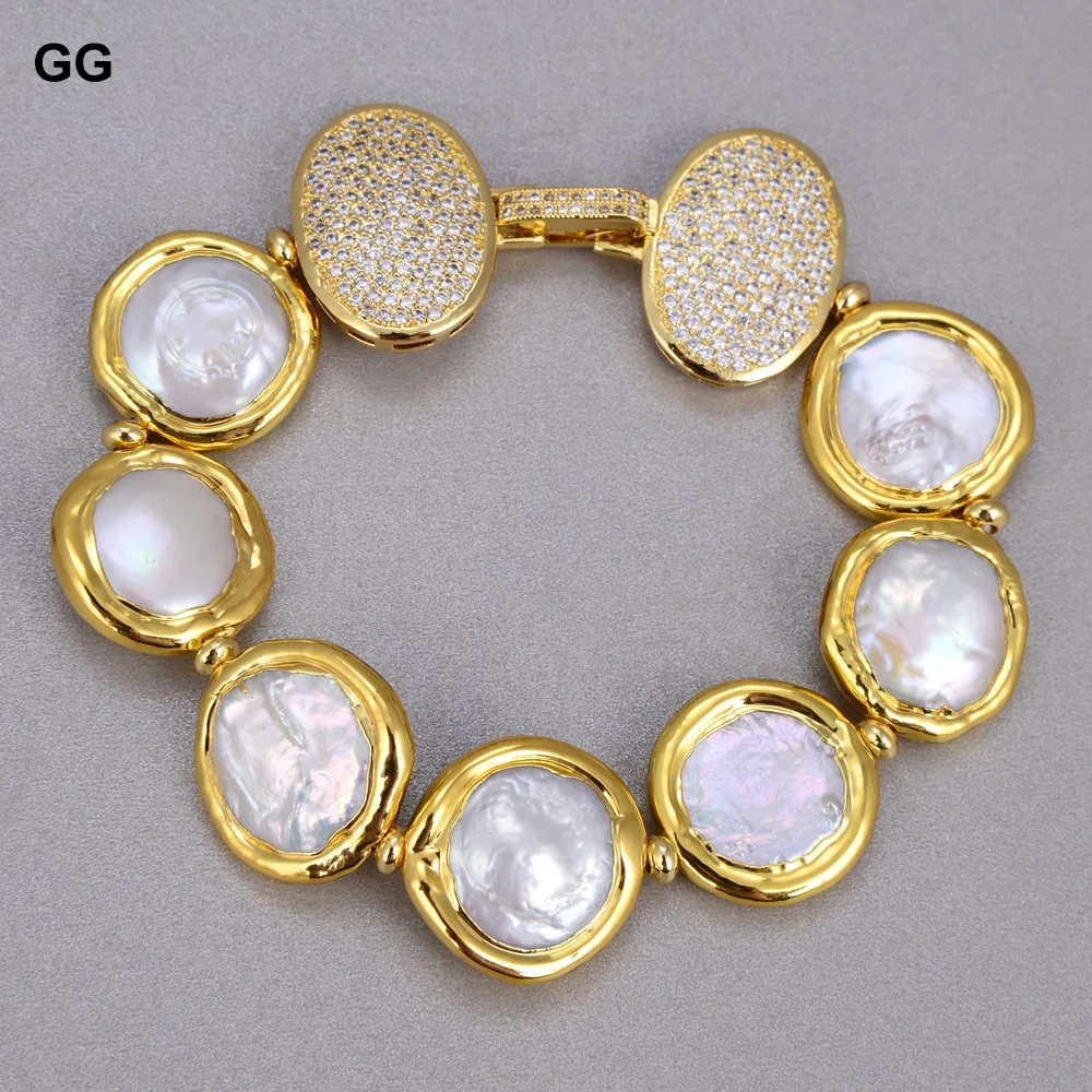 

GuaiGuai Jewelry Natural Freshwater Cultured White Coin Keshi Pearl Bracelet Cubic Zirconia Pave Clasp 8" Classic For Women