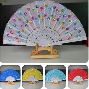 

Lace handheld Fans High Quality Colorful Embroidery Black Rod White Rod Sequins Peacock Fan Chinese Fan Hand Fan Folding Fan