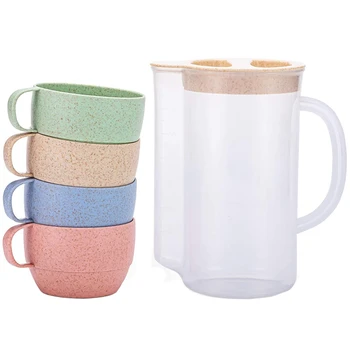 

Unbreakable Wheat Straw Kettle Set with 4 Multicolor Cups for Kids Children Toddler Adult, Lightweight Natural Reusable