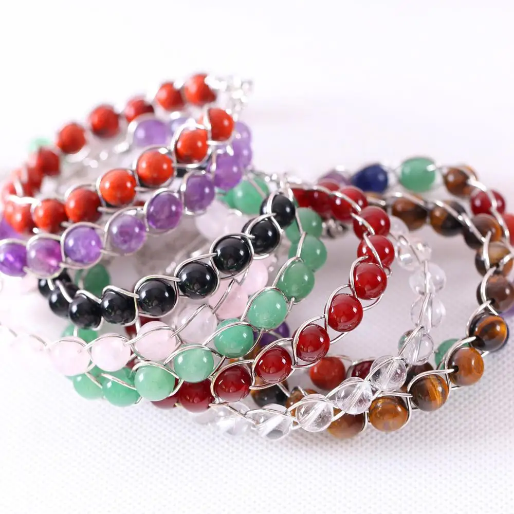 Очаровательный круглый браслет с бусинами, натуральный камень, тигровый глаз, кристалл, оникс, Энергетический Браслет, серебряная проволока, обернутая для женщин, ювелирный подарок, 1 шт