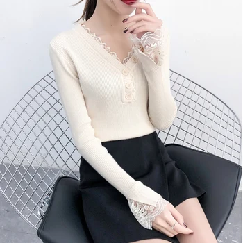

Korean version solid color sweater female autumn long-sleeved V-neck knit bottoming shirt fashion lace women's sweater