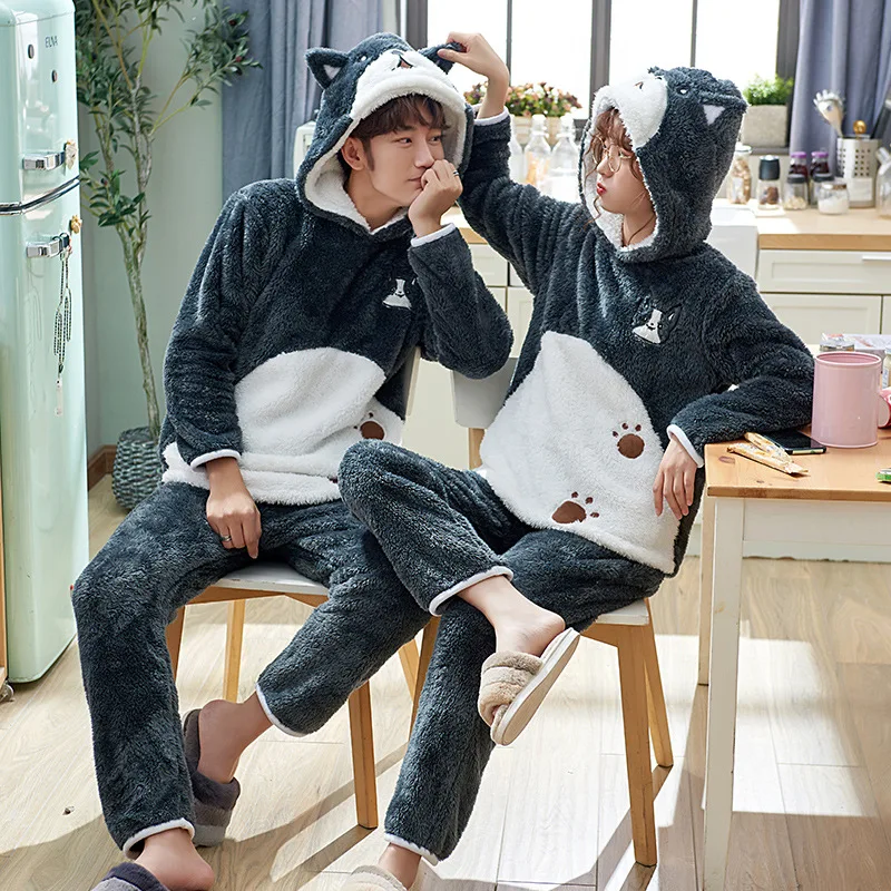 

Coral Velvet Couples Pajamas Autumn & Winter Korean-style Hooded Cute Cartoon Thick Flannel Men Women's Winter Home Wear