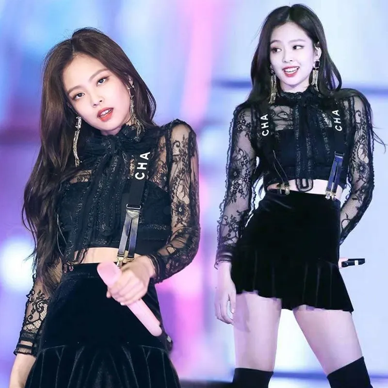 

kpop BLACKPINK JENNIE Casual Black lace short skirt set Women Two Piece korean Summer Sexy two piece dress set female clothes
