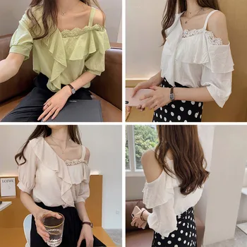 

2019 Women Off Shoulder Stitching Round Neck Short Sleeve Hollow Summer Chiffon Casual Ladies Shirt
