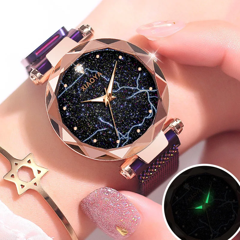 

Starry Sky Golden Watch Women Quartz Magnetic Geomerty Crystal Ladies Wrist Watches Luminous Lightning Pattern Dial Reloj Mujer