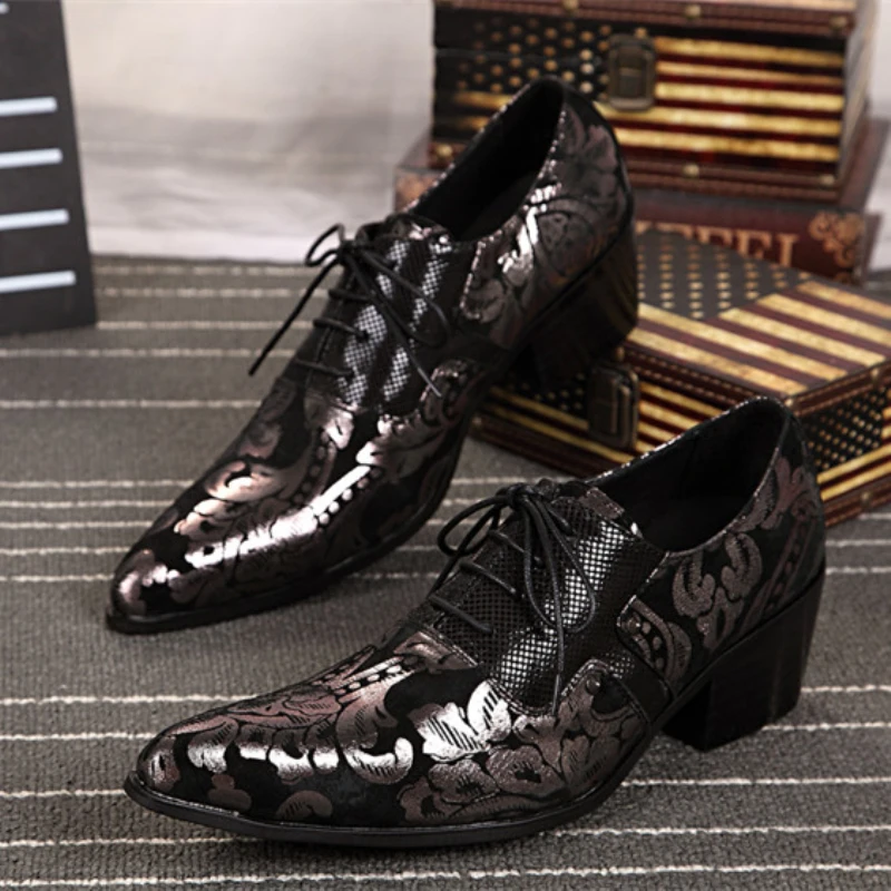

Christia Bella Pointed Toe Man Genuine Leather Lace Ue Brogue Shoes British Style Printing Men's Party Heighten Oxfords Shoes