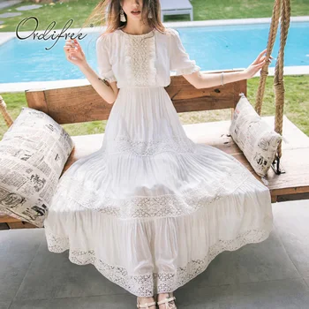 

Ordifree 2019 Summer Boho Women Maxi Dress Bohemian White Lace Cotton Long Tunic Beach Dress Holiday Clothes