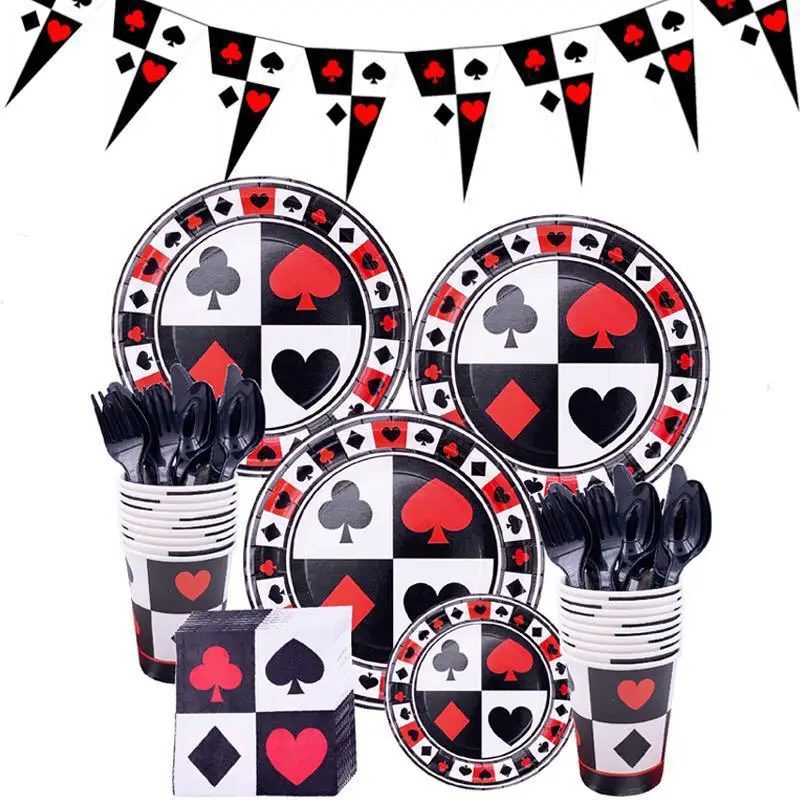 

74pcs Playing Card Disposable Tableware Paper Cups Plates Napkins Birthday Wedding Party Decor Adult Poker Theme Party Supplies
