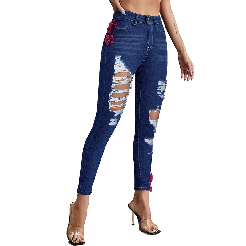 

Women's Jeans Stretch Hole Ripped Skinny Blue Denim Jean Sexy Mom Female Flower Petal Decoration Trendy High Waist Pencil Pants
