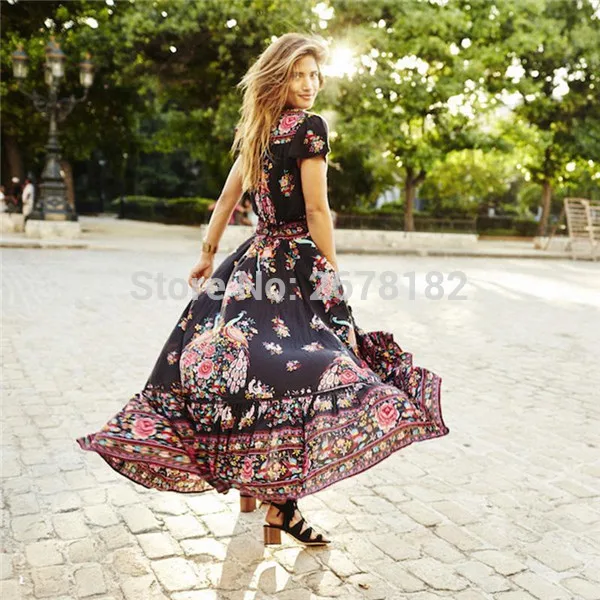2018 summer women elegant floral a line dress long813