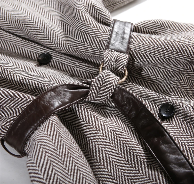 wool cotton blend twill women high grade long cardigan coat sheep leather spliced single breasted EU size S/M/L