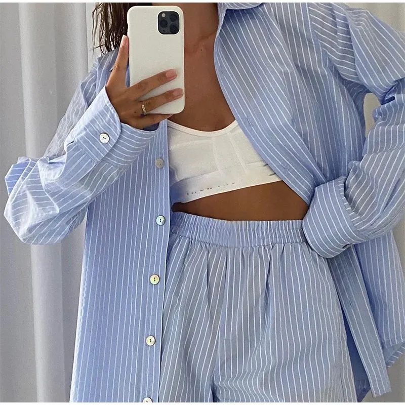 Loung Wear Tracksuit Women Shorts Set Stripe Long Sleeve Shirt Tops And Loose High Waisted Mini Shorts Two Piece Set 2021 plus size bra and panty sets