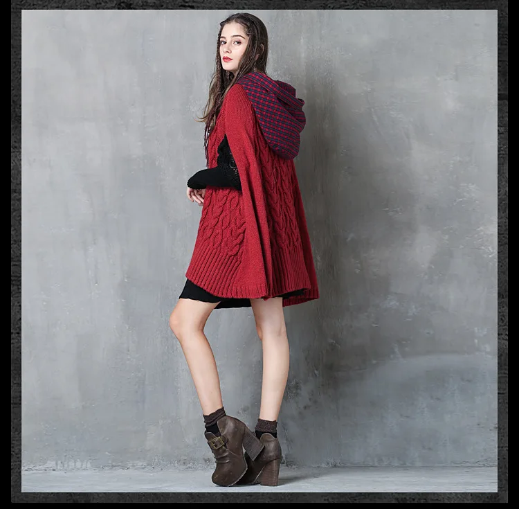 Брендовый женский зимний свитер, новинка, толстый теплый свитер, Рождественский красный ретро-накидка с капюшоном, свободное плотное пальто