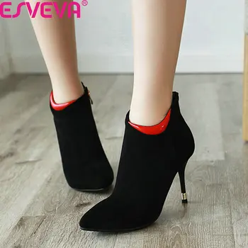

ESVEVA 2020 Flock PU leather Fashion Pointed Toe Autumn Winter Women Shoes Thin High Heel Zipper Quality Ankle Boots Size 34-42
