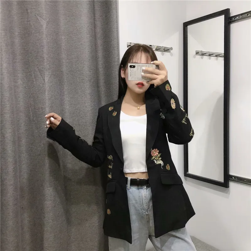 

2019 Europe And America Autumn New Style Slim Fit Slimming Embroidered Letters Fold-down Collar Broken Flower Suit Jacket Women'