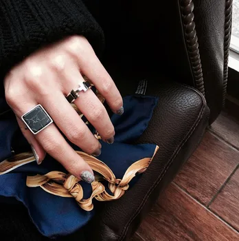 

Geometric square black and white green marble open ring 925 sterling silver jewelry for women unique personality ring