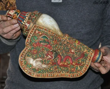 

wedding decoration Tibet Buddhism conch inlay gem Gilt Painted Dragon bird Conch Trumpet Horn Shell